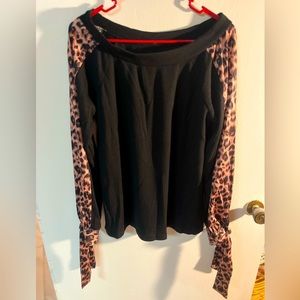 Black Blouse with Leopard Sleeve Pattern